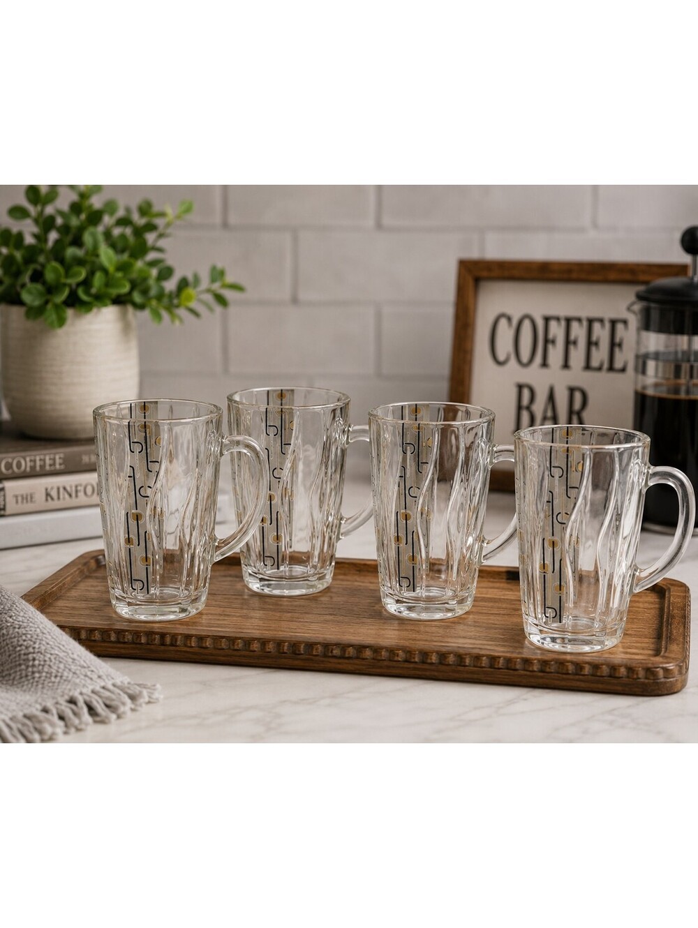 Vintage Alpine Cuisine MCM Black Gold Geometric Glass Coffee Mugs Set of 4
